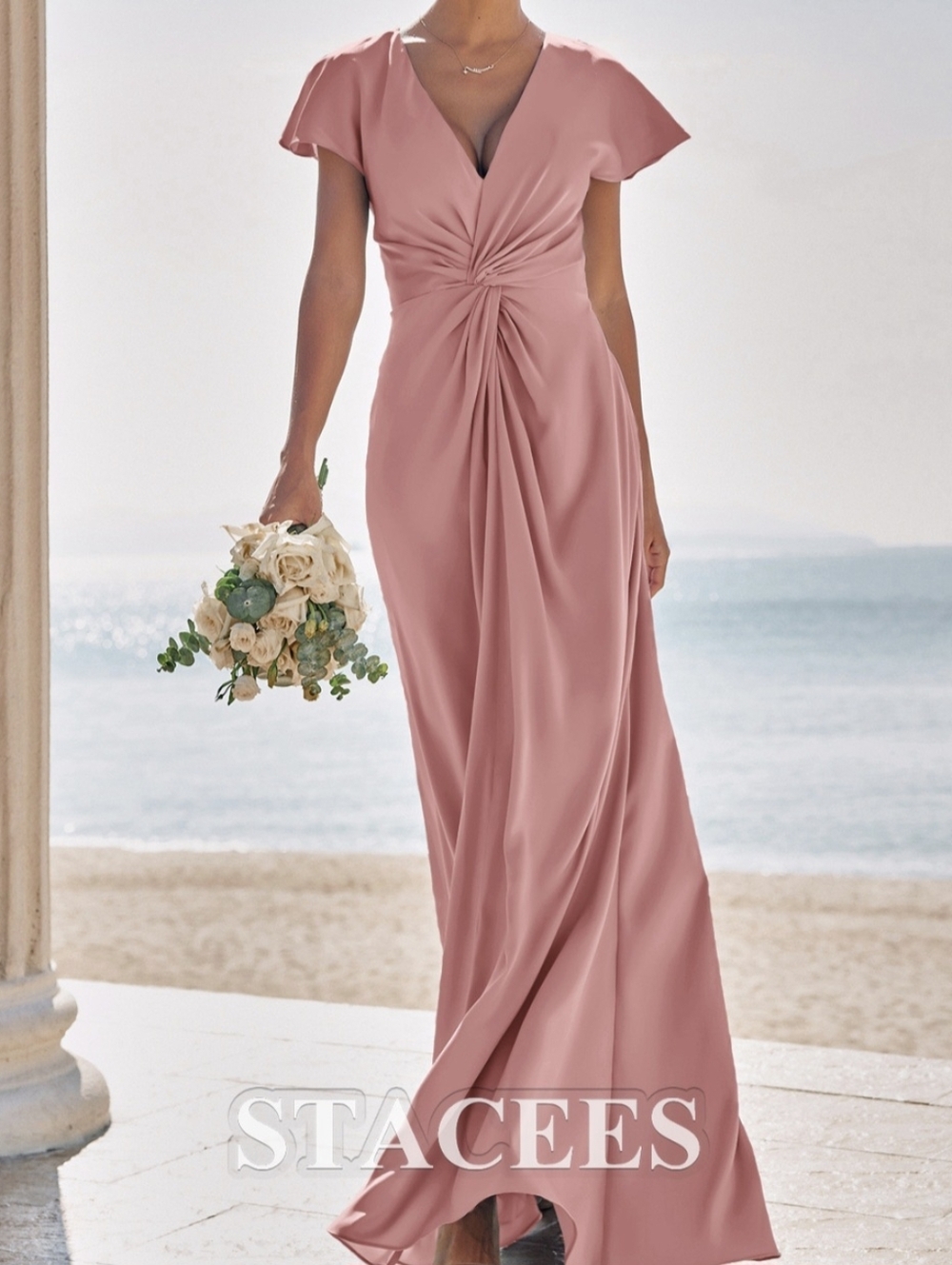 STACEES Sheath/Column V Neck Short Sleeve Floor-Length Satin Dress w/ Pleats